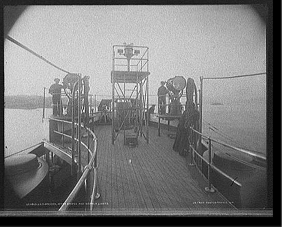 U.S.S. Oregon, after bridge and search lights, [between 1896 and 1901] — historic photograph