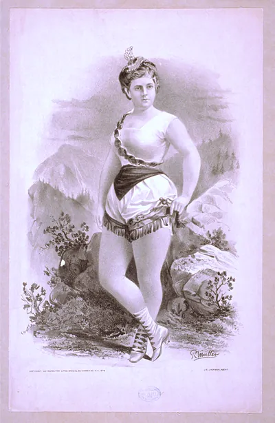 [Woman in burlesque costume in front of rocky outcrops]