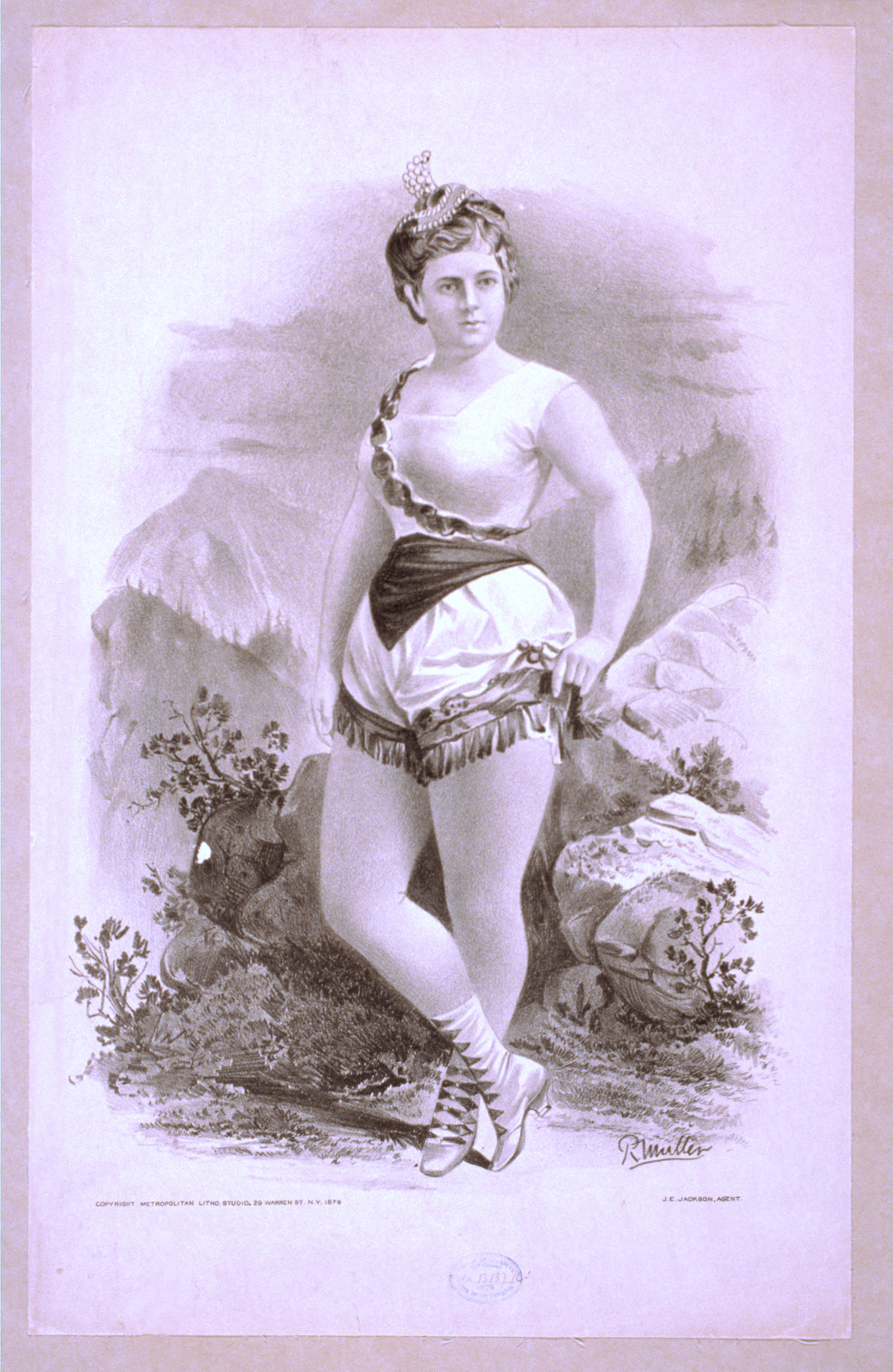 [Woman in burlesque costume in front of rocky outcrops], 1879 — vintage poster