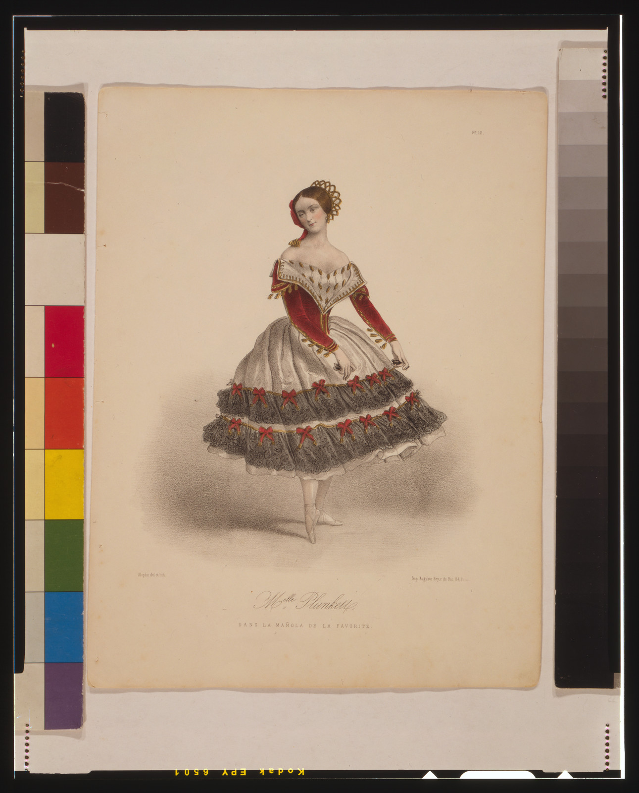 Mlle. Plunkett, dans la Mañola de la favorite / Alophe del. et lith. ; imp. Auguste Bry., Paris : imp. Auguste Bry, [1850(?)] — antique lithograph