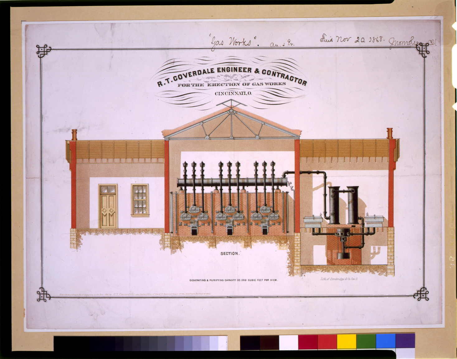 R.T. Coverdale engineer & contractor for the erection of gas works, Cincinnati, O. / lith. of Strobridge & Co. Cin. O., c1868. — antique lithograph