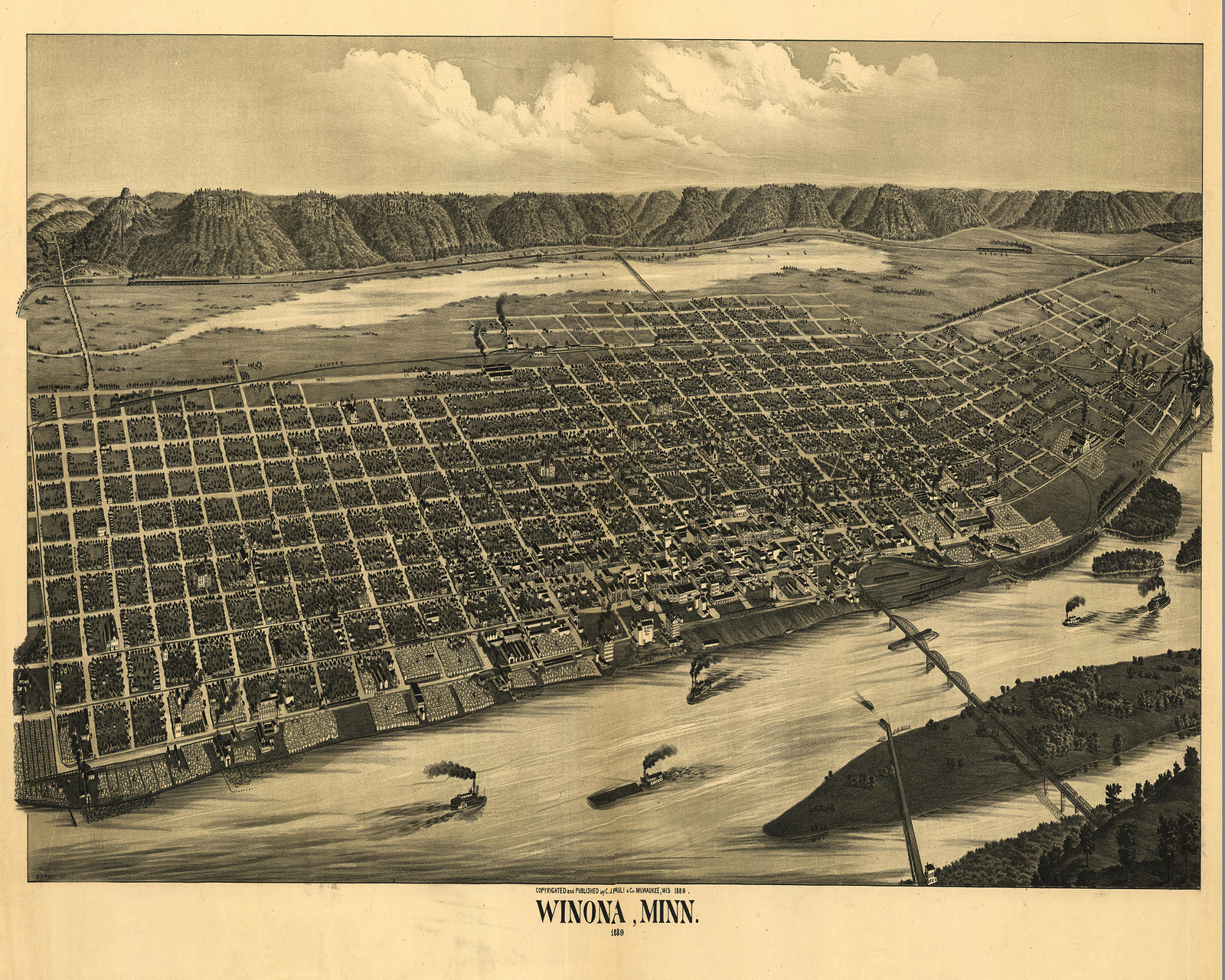 MN Winona 1889 MAP, 1889 — antique map