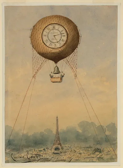 Watercolour of a clock balloon above the Eiffel Tower