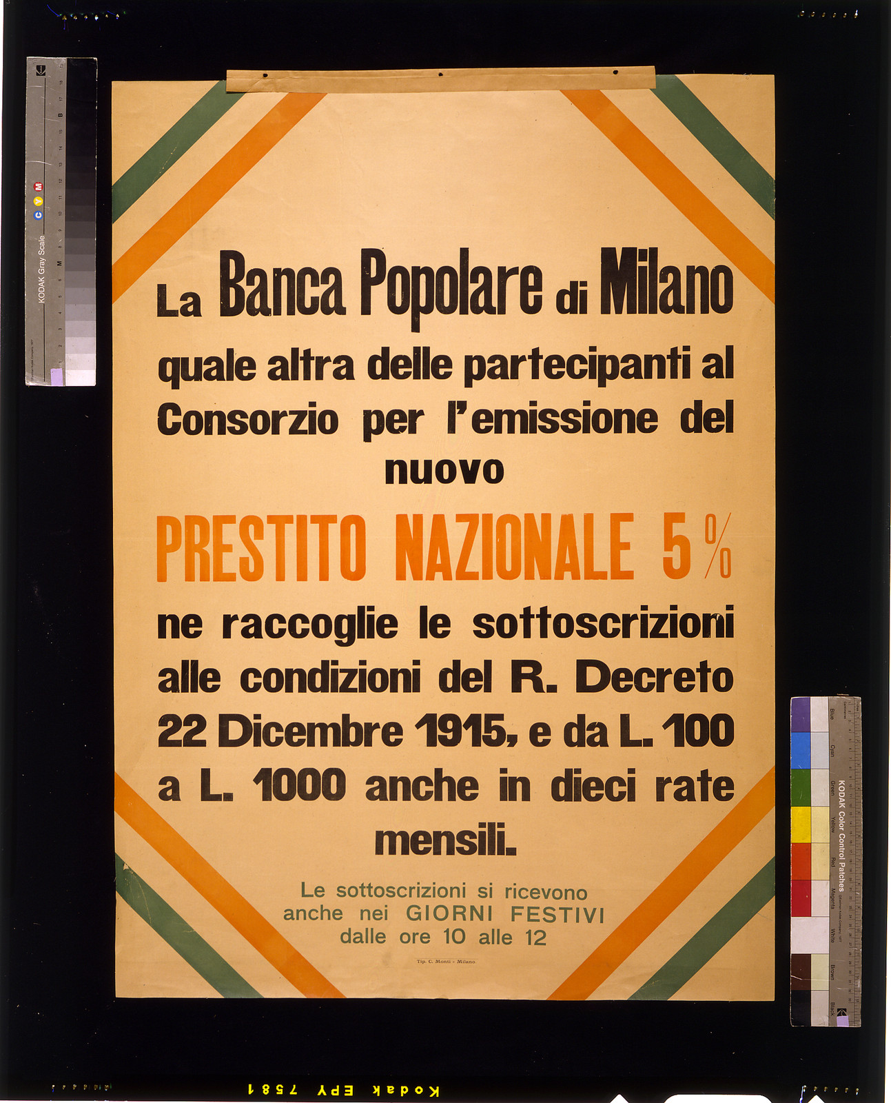 La Banca popolare di Milano ... prestito nazionale 5 %, 1915 — vintage poster
