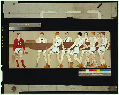 [Cornell crew team holding a boat; on left is team coxswain]