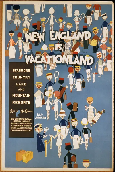 New England Is Vacationland resort poster with illustrated travelers