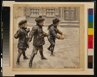 [Three children throwing snowballs]