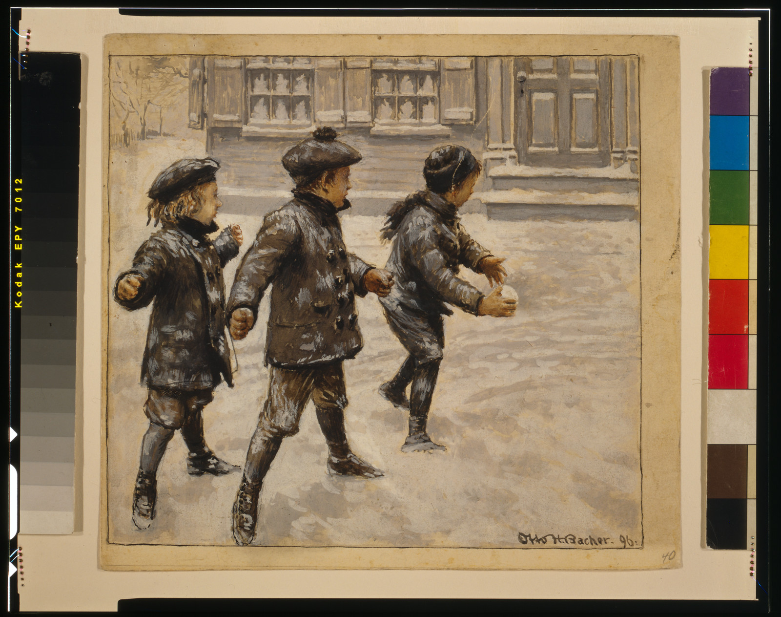 [Three children throwing snowballs], 1 painting : watercolor. — historic image