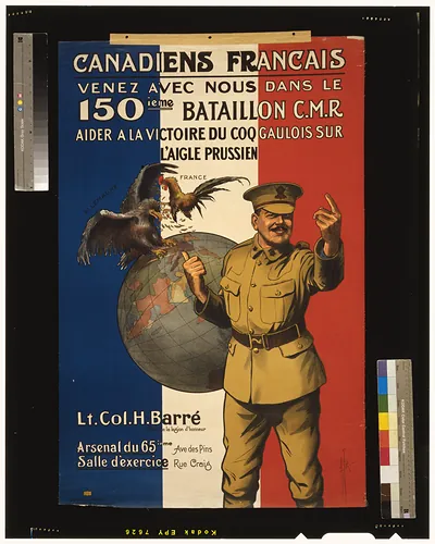Canadiens Francais. Venez avec nous dans le 150ieme Bataillon C.M.R. Aider a la victoire du coq Gaulois sur laigle Prussien / AGR [? monogram].