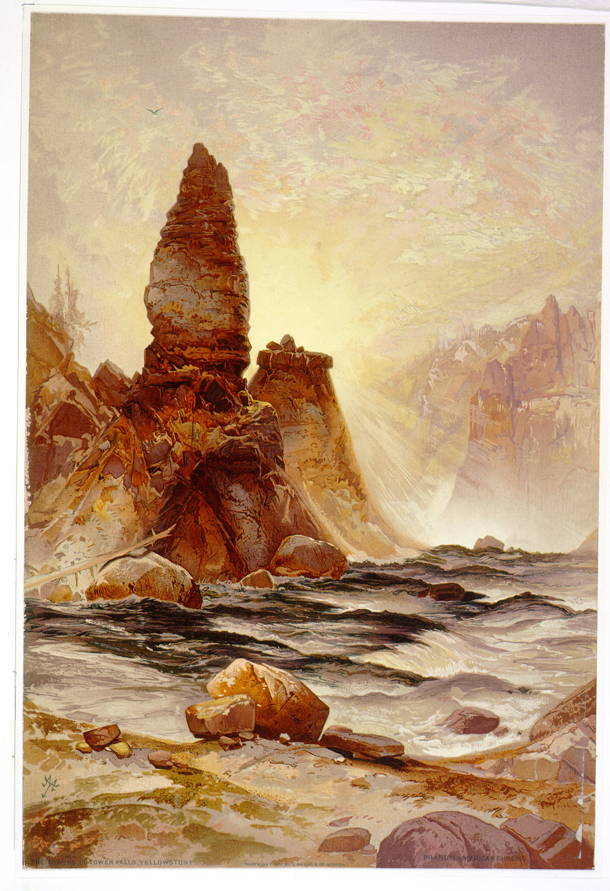 The tower of Tower Falls, Yellowstone / TM ; Prang's American Chromo., c1875. — antique lithograph