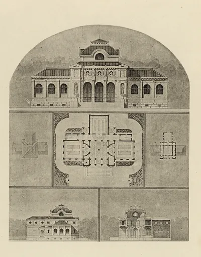 Architectural design plate with elevations, plan and sections