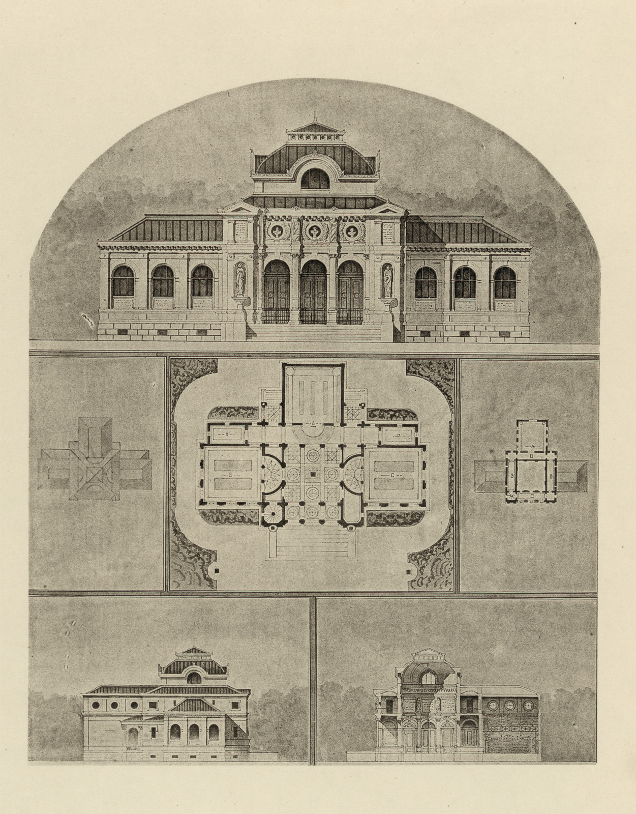 Architectural design plate with elevations, plan and sections — historic image