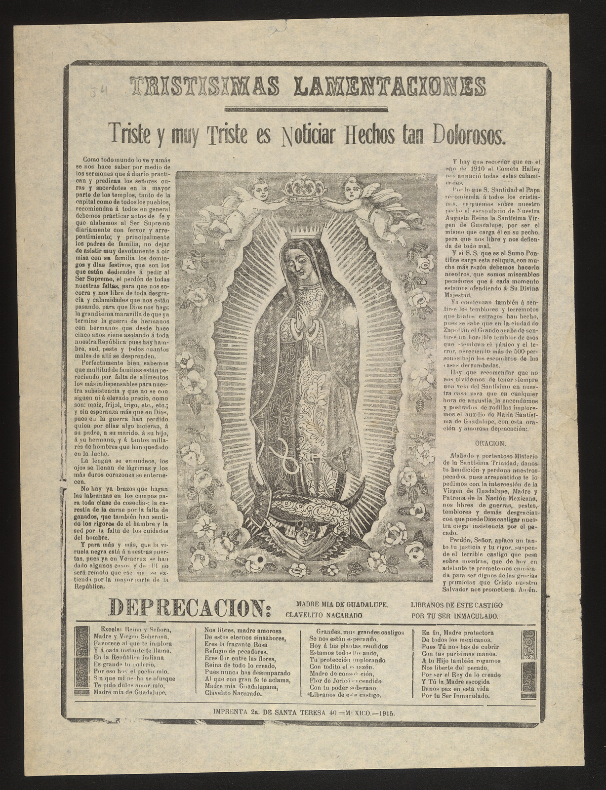 Tristisimas Lamentaciones: Virgin of Guadalupe broadside, Mexico 1915 — historic image