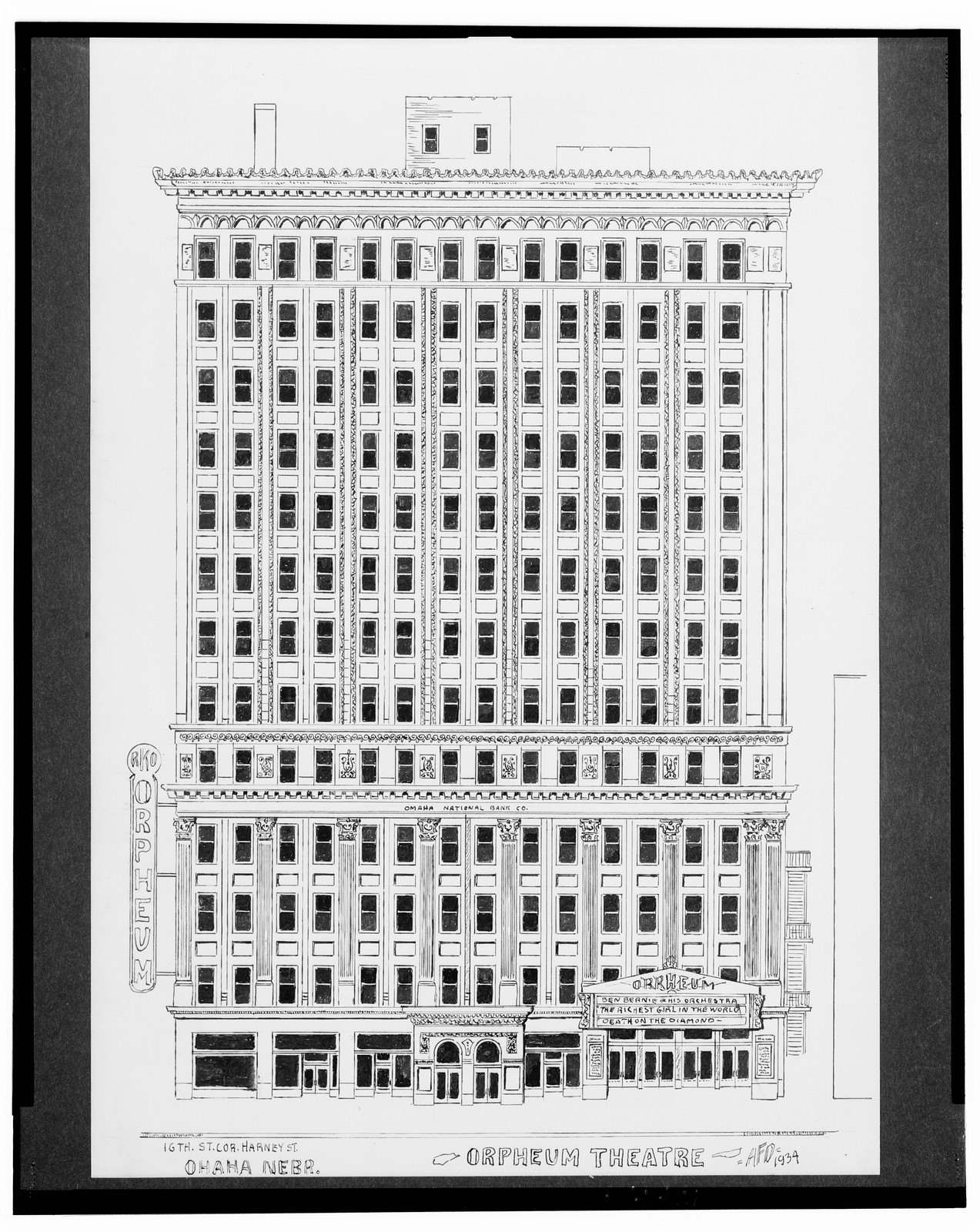 [Orpheum Theatre (RKO Orpheum) and Omaha National Bank Co. building, 16th St. corner Harney St., Omaha, Nebraska] / AFD 1934., And Engineering (ADE) Drawings — vintage poster