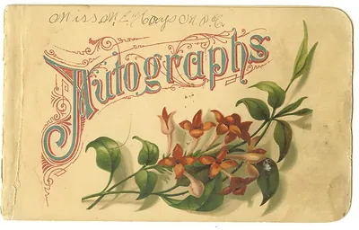 Autograph album cover with handwritten name and flowers