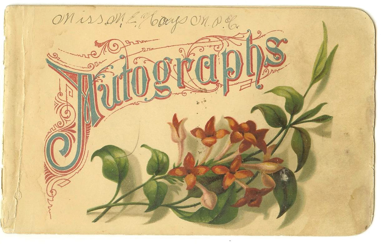 Autograph album cover with handwritten name and flowers — historic image