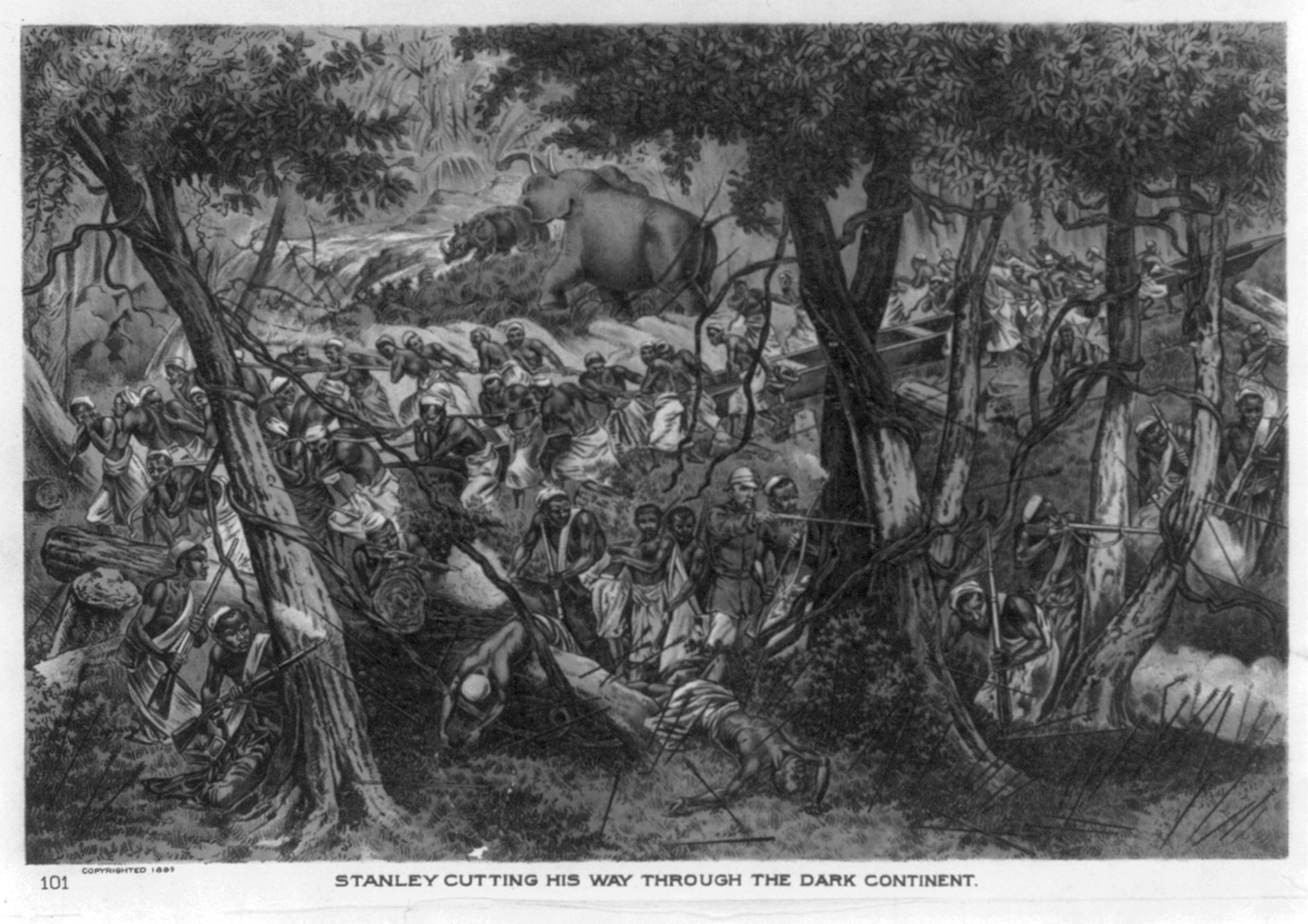 Stanley cutting his way through the dark continent, c1889. — antique lithograph