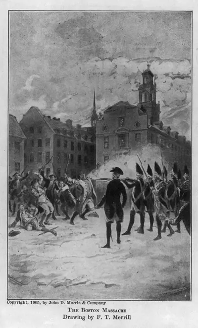 The Boston Massacre, drawing by F. T. Merrill