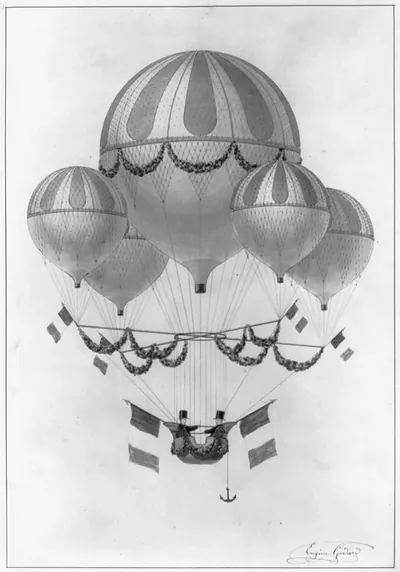 [5 balloons carrying 2 men with French flags, one of whom is Eugene Godard]