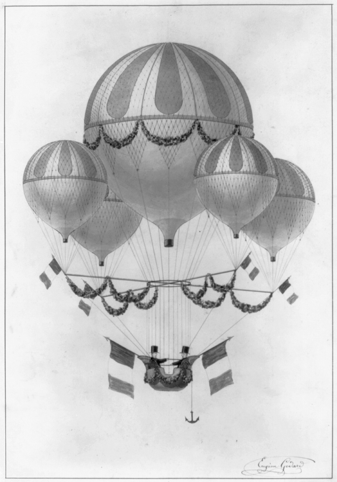 [5 balloons carrying 2 men with French flags, one of whom is Eugene Godard] — antique lithograph