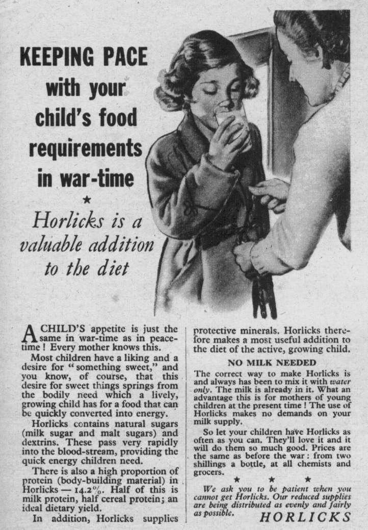 Horlicks wartime advert: child keeping pace with food requirements — historic image