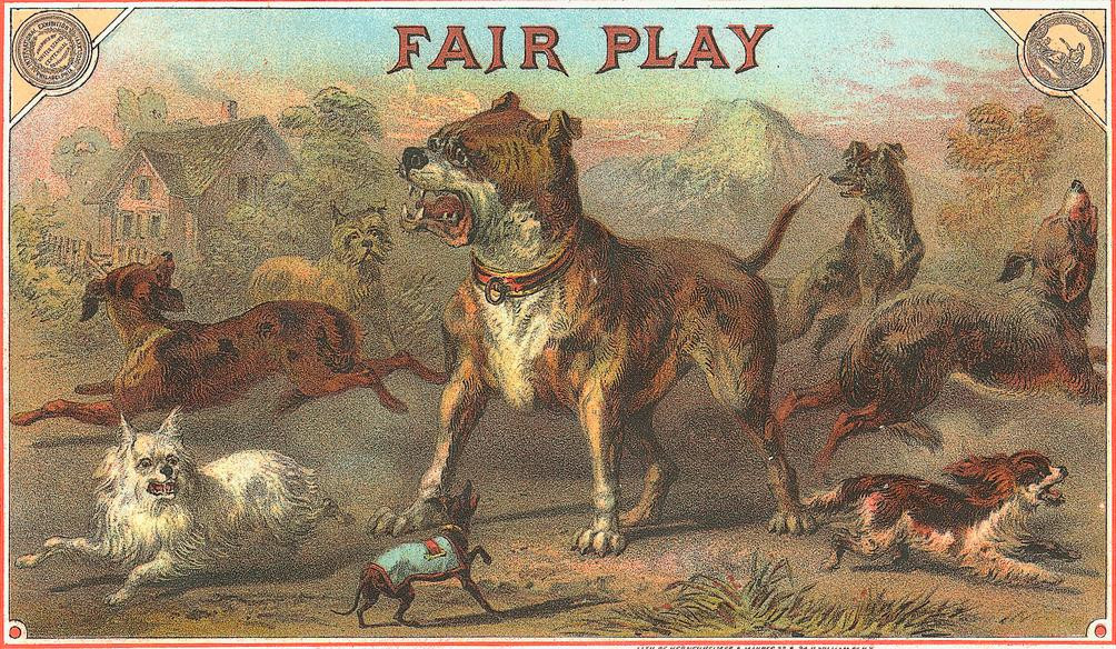 Fair Play: dogs in a landscape, chromolithograph — antique lithograph