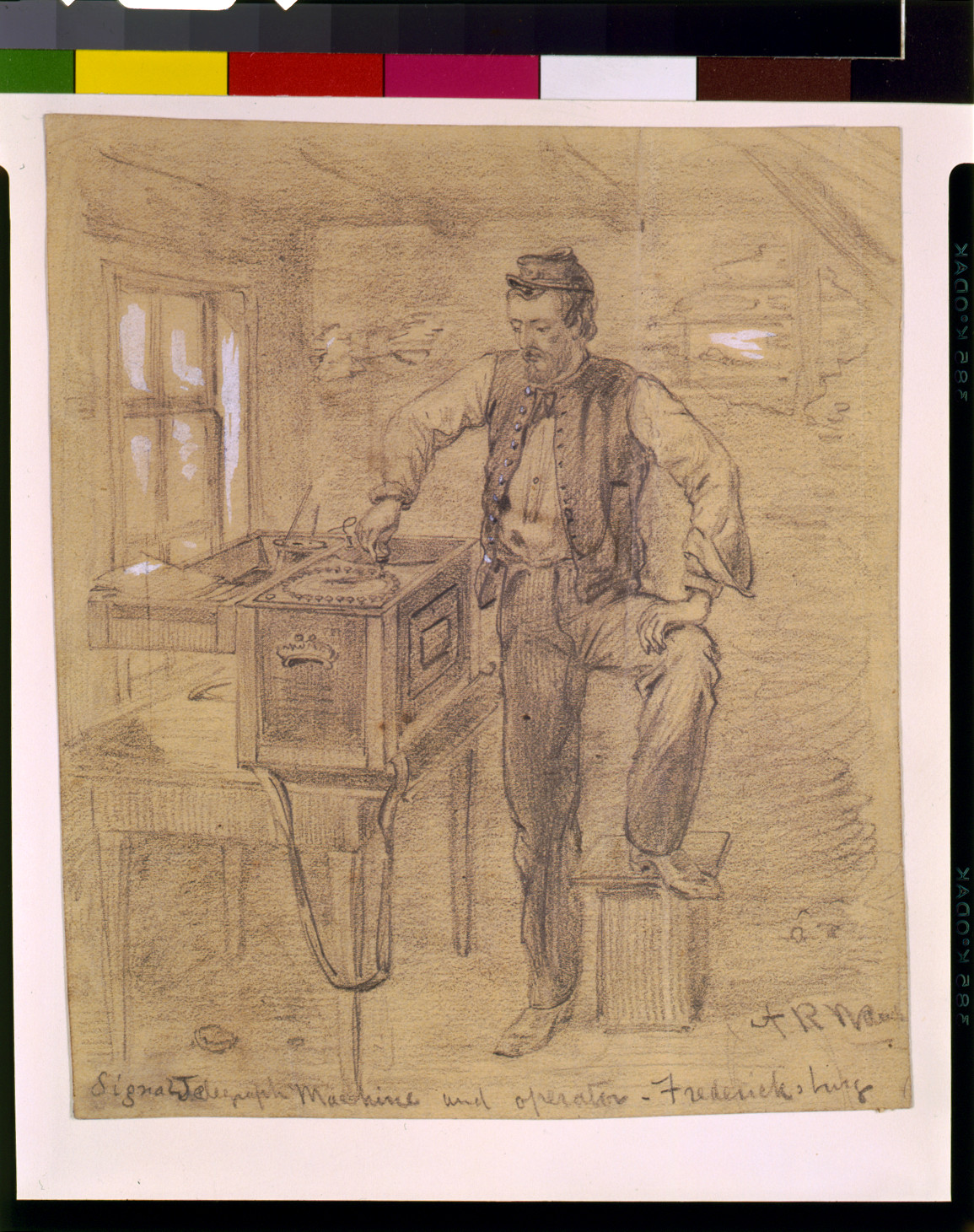 Signal Telegraph Machine and operator - Fredericksburg, [1862 ca. December] — historic drawing