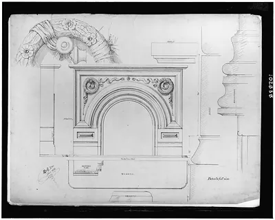 [Fireplace mantel. Elevations, plan, section, and full size details] / J.G. Bruff, Des: Mar. 1880.