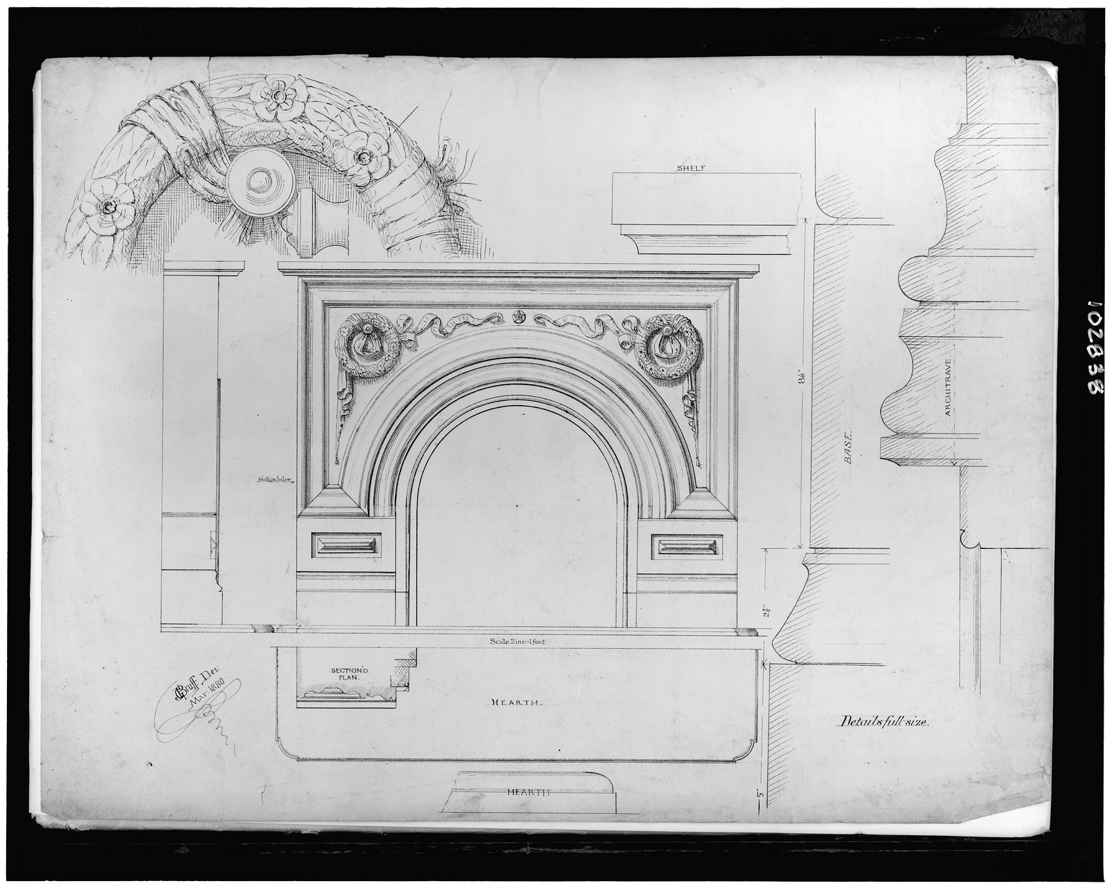 [Fireplace mantel. Elevations, plan, section, and full size details] / J.G. Bruff, Des: Mar. 1880., and Engineering (ADE) Drawings" (http://www.loc.gov/rr/print/res/103_ade.html)." — historic drawing