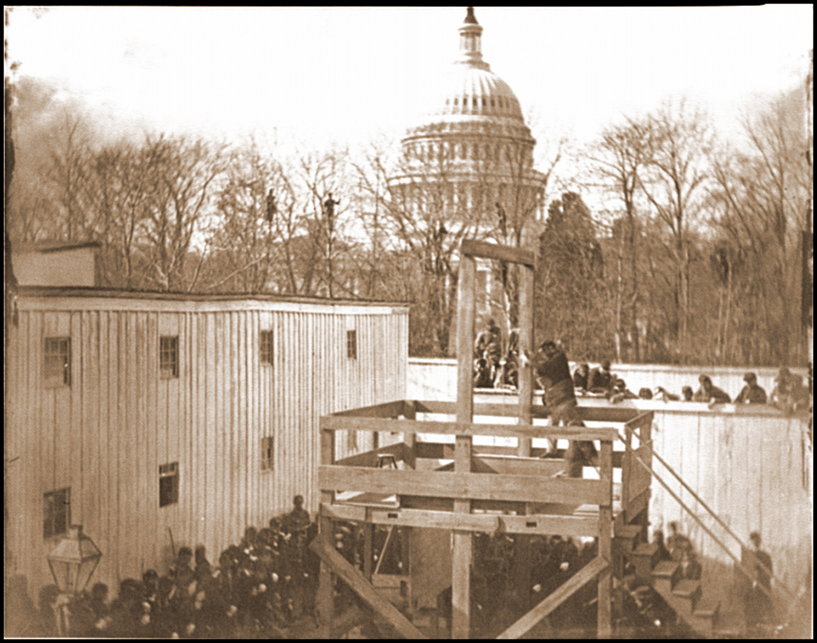 Washington D.C. Soldier springing the trap; men in trees and Capitol dome beyond, 1865 — historic photograph