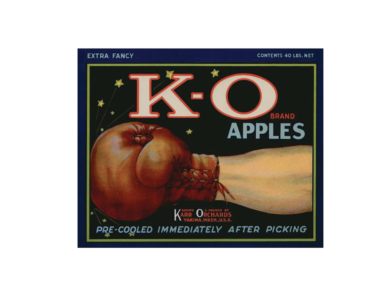 K-O Brand Apples crate label with boxing glove — historic image