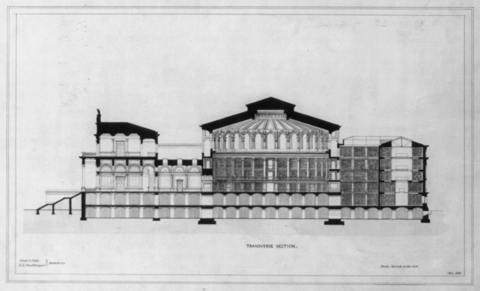 [Library of Congress, Washington, D.C. Transverse section], and Engineering (ADE) Drawings" (http://www.loc.gov/rr/print/res/103_ade.html)." — historic drawing