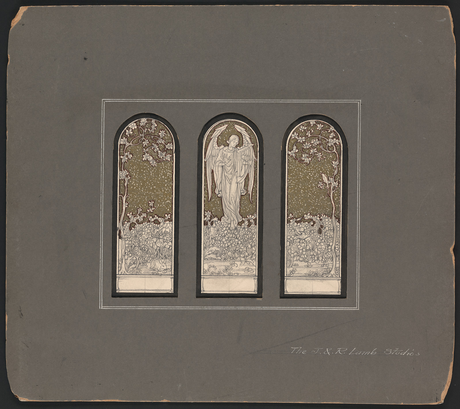 Design drawing for mosaic mural panels with a central angel — historic drawing