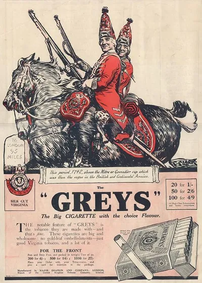 Greys" cigarettes advertisement with mounted grenadiers, Major Drapkin