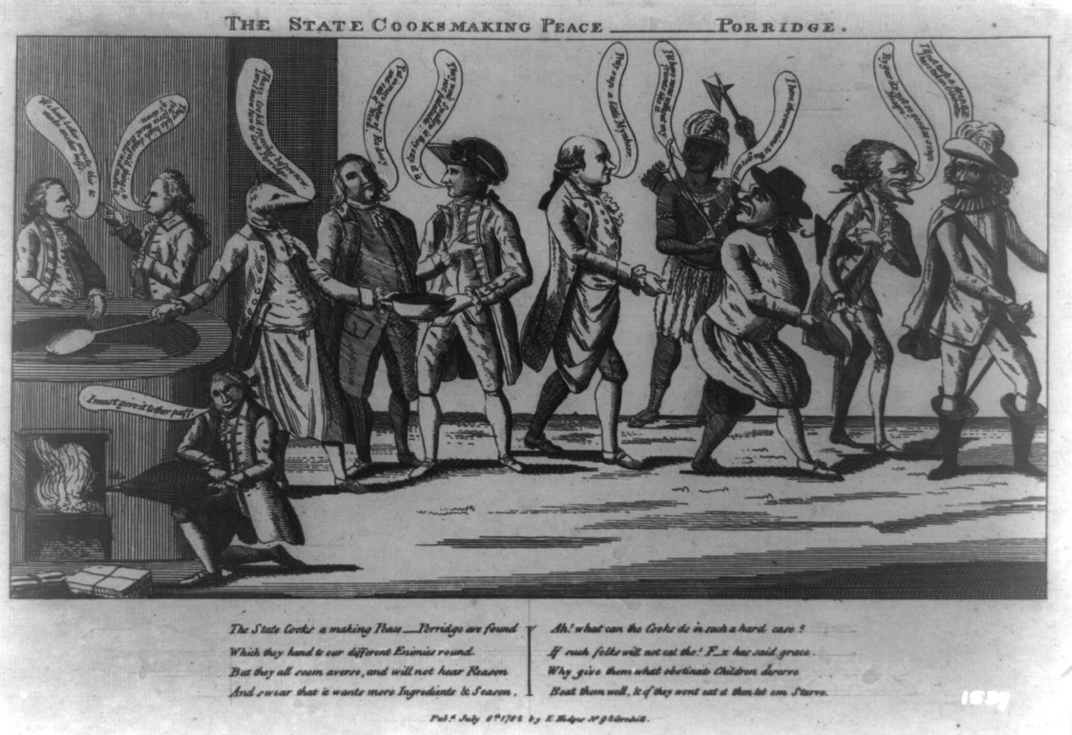 The state cooks making peace-porridge, [London] : Pubd. by E. Hedges, No. 92 Cornhill, 1782 July 6th. — antique engraving