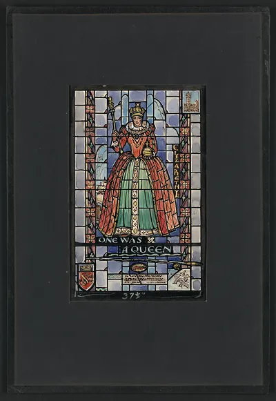 Design drawing for stained glass: Elizabeth, 'One was a queen'