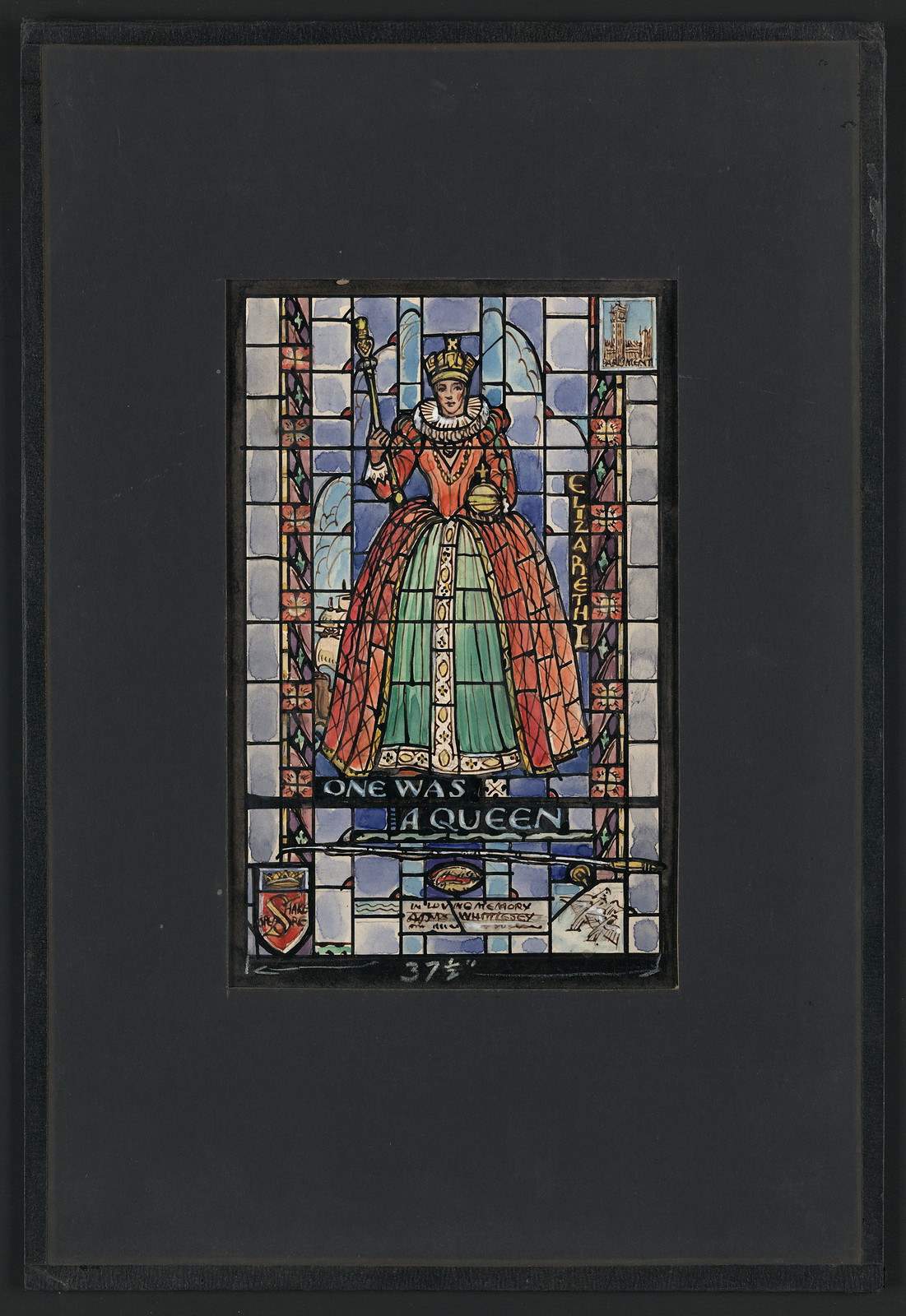 Design drawing for stained glass: Elizabeth, 'One was a queen' — historic drawing