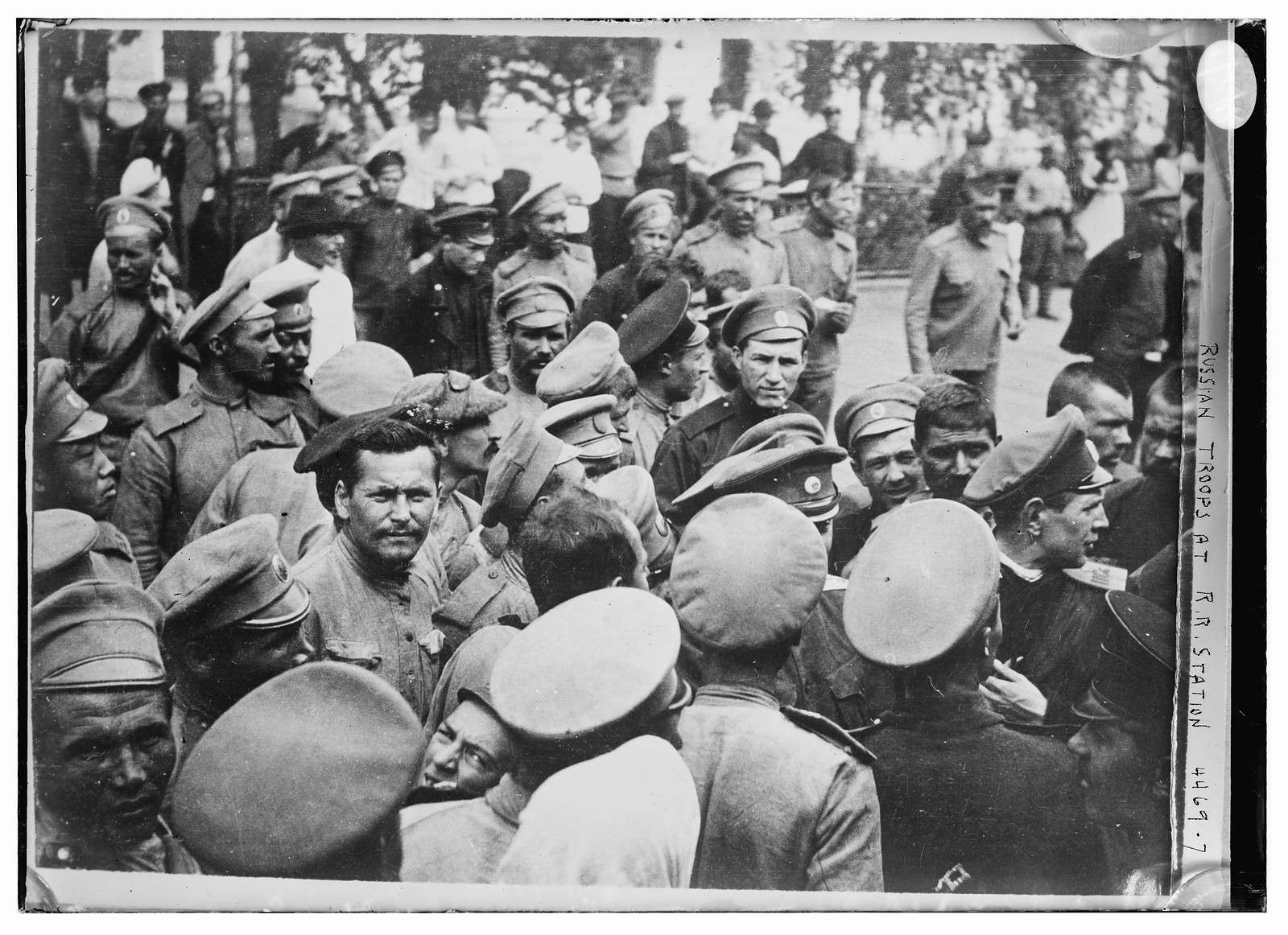 Russian troops at R.R. station, n/a — historic photograph