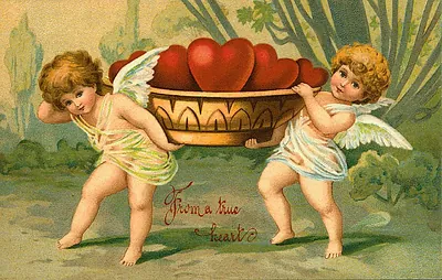 Cherubs carrying a bowl of hearts, 'From a true heart'