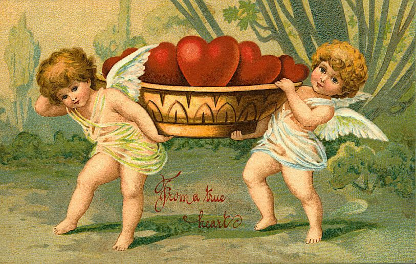 Cherubs carrying a bowl of hearts, 'From a true heart' — historic image