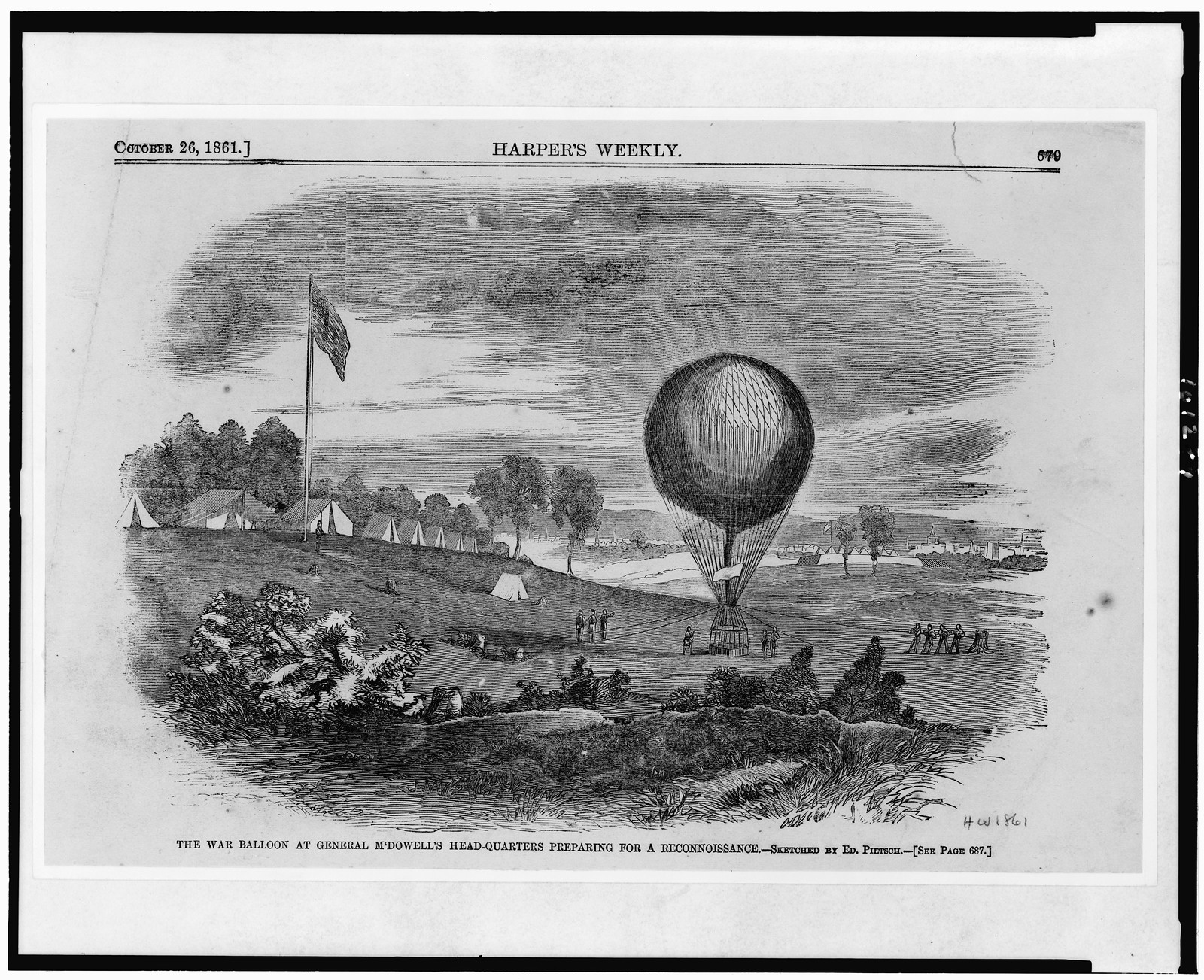 The War balloon at General M'Dowell's head-quarters preparing for a reconnoissance / sketched by Ed. Pietsch., 1861 — antique engraving