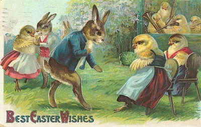 Best Easter Wishes postcard with dancing rabbits and chicks