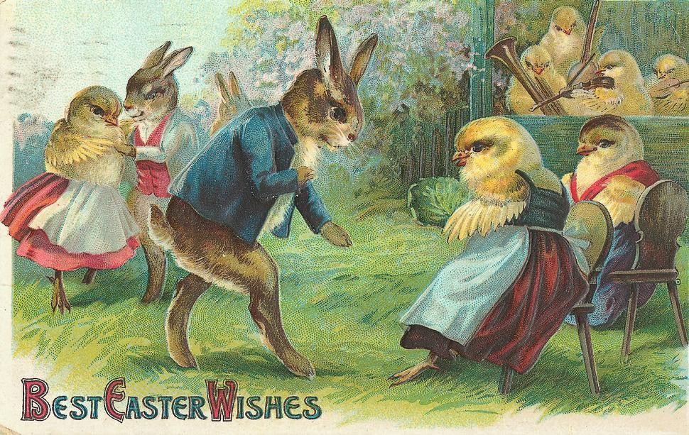 Best Easter Wishes postcard with dancing rabbits and chicks — vintage postcard