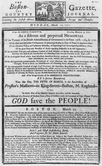 [Front page of Boston Gazette, Mar. 11, 1771, with memorial anniversary story of Boston Massacre"]"
