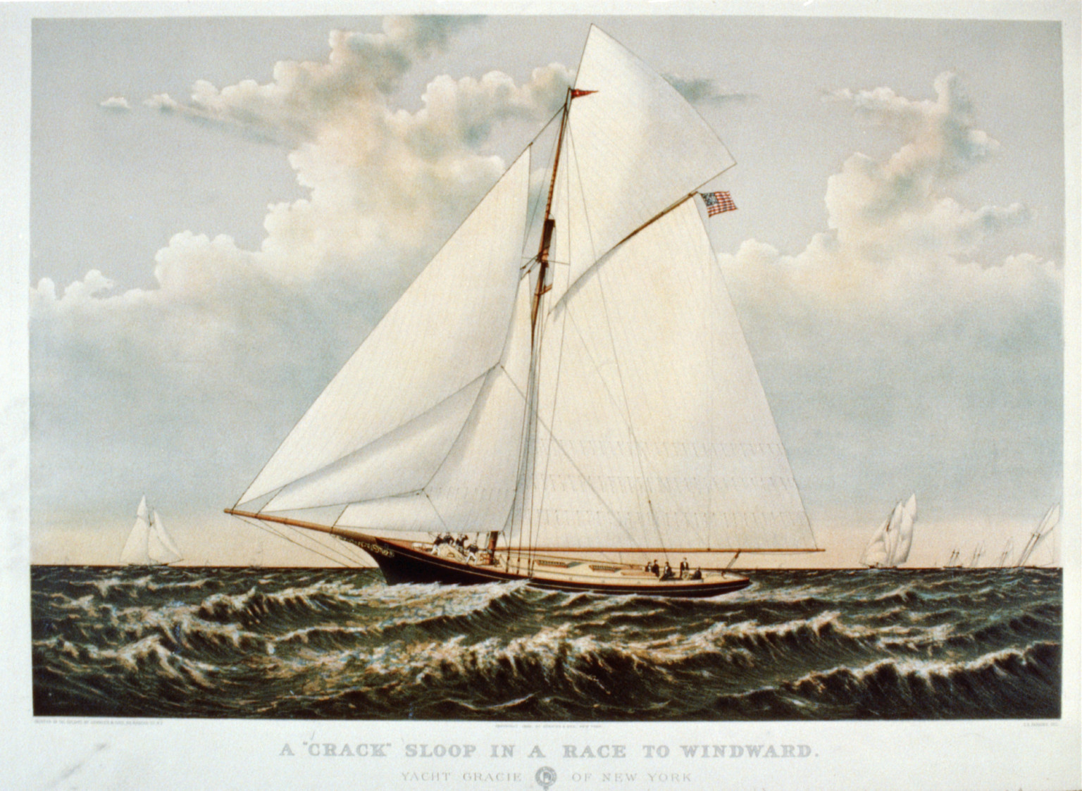 A Crack" sloop in a race to windward: Yacht Gracie of New York", [New York] : Currier & Ives, 1882. — antique lithograph