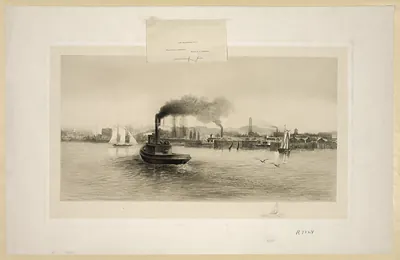 Steam tug and sailing ships on a harbor waterfront