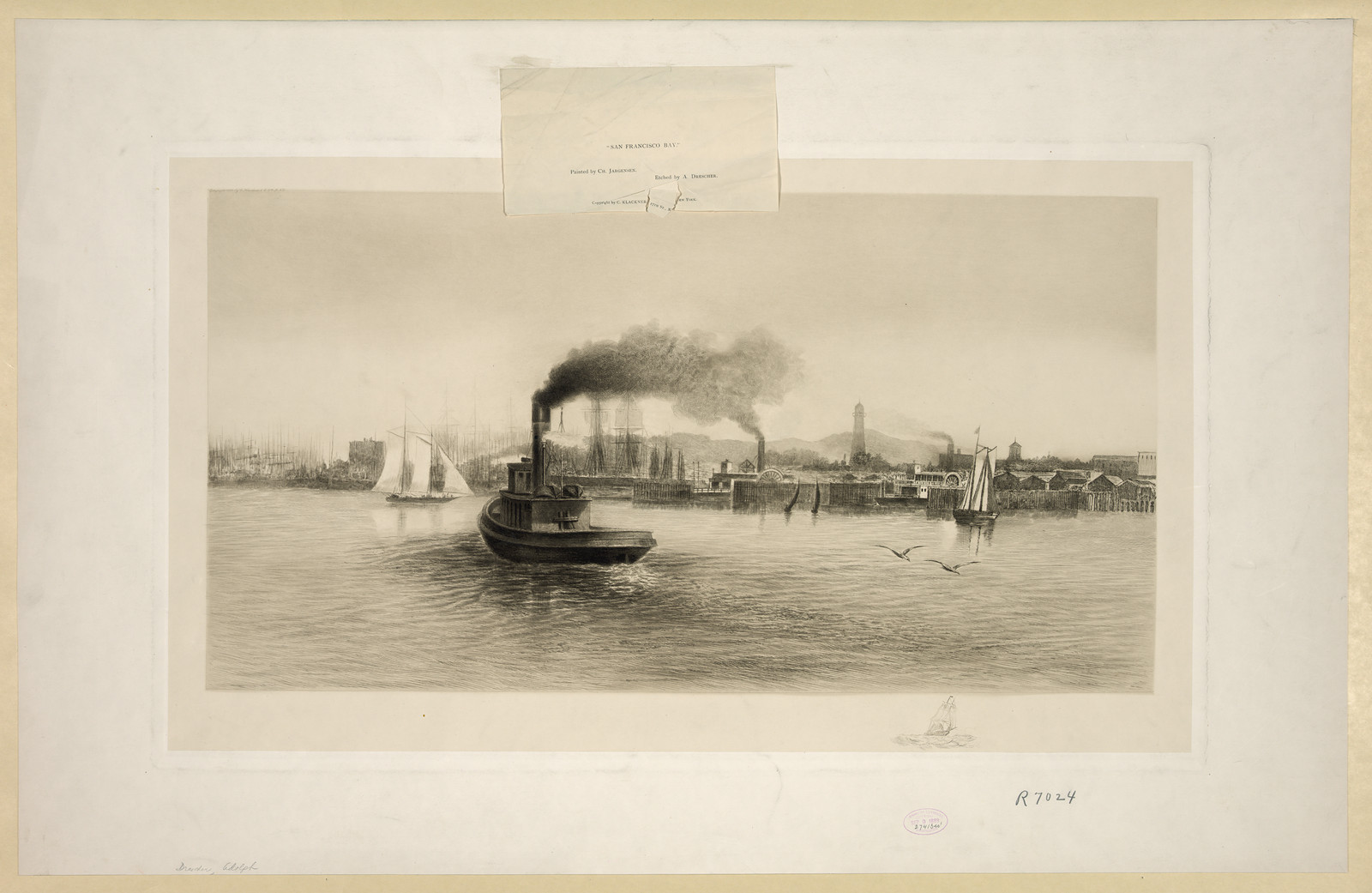 Steam tug and sailing ships on a harbor waterfront — historic image