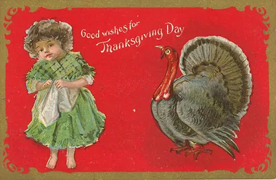 Good wishes for Thanksgiving Day postcard with girl and turkey