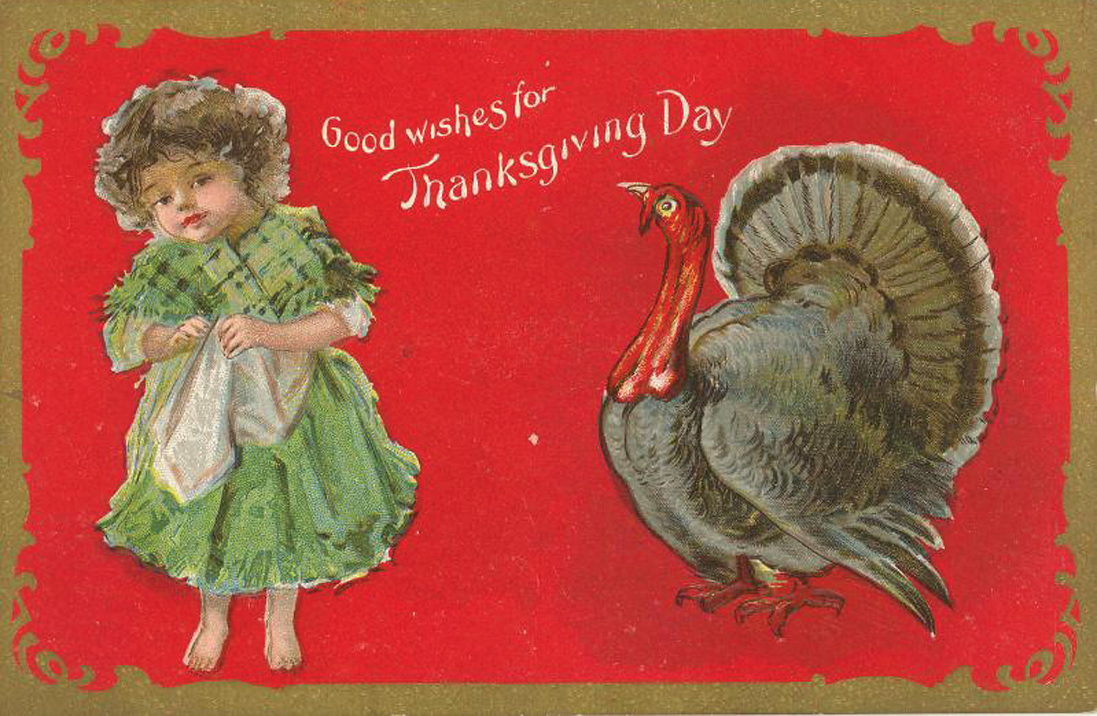 Good wishes for Thanksgiving Day postcard with girl and turkey — vintage postcard
