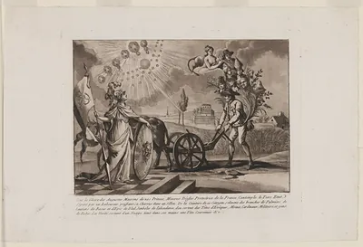 Allegorical engraving of a farmer pushing a cart